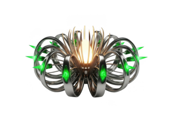 Futuristic mechanical orb with glowing green spikes isolated on transparent background