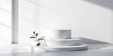 Minimalist White Podium with Plant and Shadows, Elegant Abstract Background