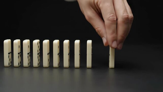 A hand sets white dominoes in a seamless row against a black background, illustrating the chain reaction concept in a well lit studio environment.