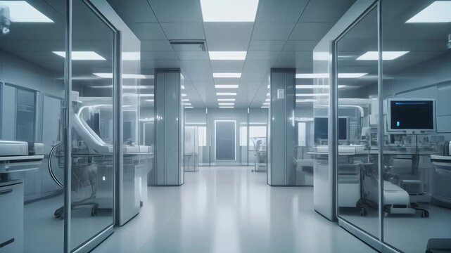 A long, sterile, and modern hospital corridor with glass-partitioned rooms containing advanced medical equipment.