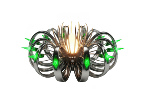 Futuristic mechanical orb with glowing green spikes isolated on transparent background