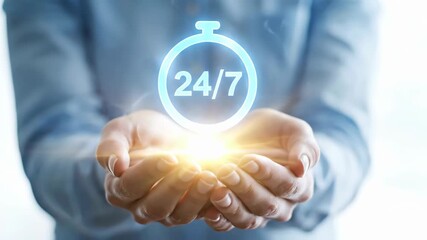 A woman in a blue shirt holds a glowing 24/7 hologram in her hands. Light beams emanate upwards. A modern minimalist concept about availability, time and support services.