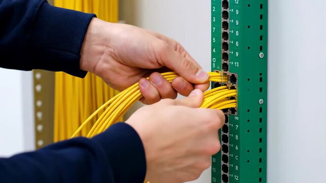 Close-up view of hands connecting yellow fiber optic cables to a green patch panel featuring ethernet ports, set against a clean white wall in a well-lit room.