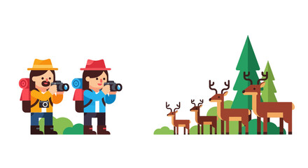 Naklejka premium Enthusiastic Photographers Capturing Majestic Deer In A Picturesque Natural Setting