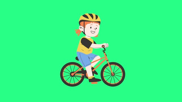 Cartoon child wearing a helmet rides a red bicycle on a bright turquoise-green background, sunny day, video loops, green screen, 4k, footage, 4k footage, videos, video clip, slow motion