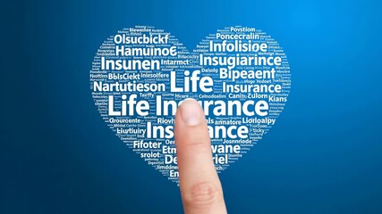 Heart shaped word cloud with keywords related to life insurance on a blue gradient background representing love and protection. Concept for financial planning and family security.