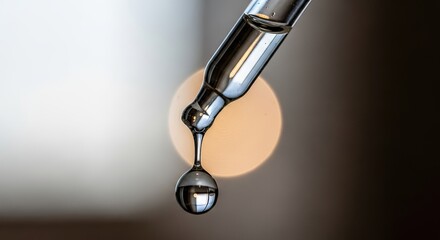 Close up of a clear liquid droplet falling from a glass dropper.