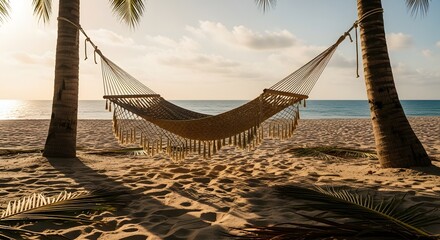 Hammock hanging between palm trees on a sandy beach