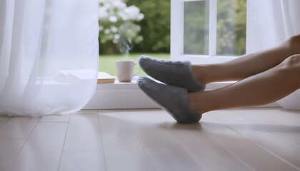 Relaxing Feet by Window, Cozy Morning with Hot Drink, Peaceful Home Environment