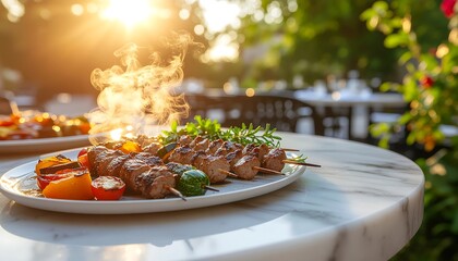 Grilled meat skewers with vegetables on a plate, served outdoors in a sunny garden setting.