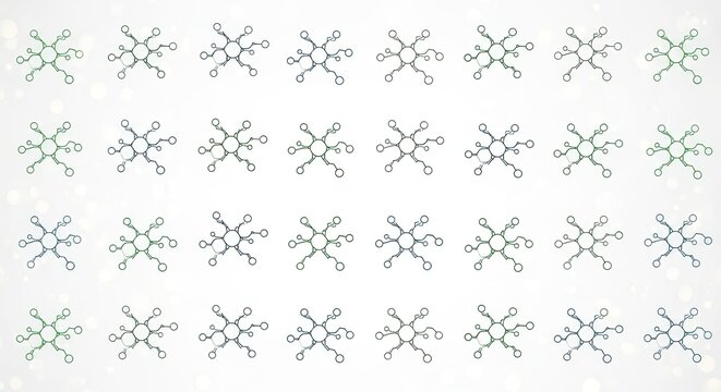 Molecular structure pattern with green and blue hues for scientific presentations or backgrounds, perfect for chemistry, biology, or medical designs