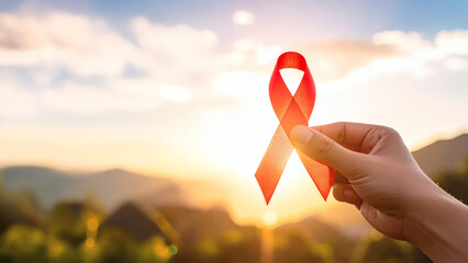Hand holding red aids awareness ribbon at sunset, raising awareness for hivaids cause, suitable for social awareness campaigns or health education.