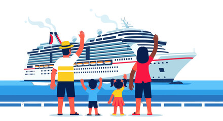 Family Bidding Farewell to Departing Cruise Ship, Vector Illustration, Departure
