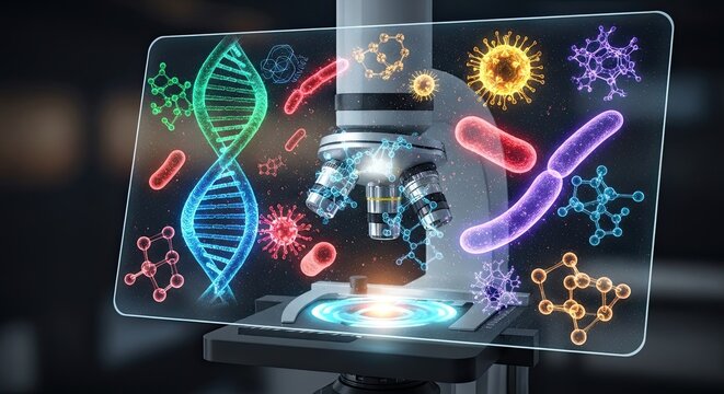 Modern microscope analyzing DNA and viruses with vibrant neon colors for scientific research, perfect for medical innovation and pharmaceutical breakthroughs