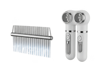 Kalimba thumb piano and white facial massager isolated on transparent background