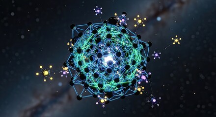 Complex atom structure with glowing nodes and energetic connections against a cosmic background showcasing advanced technology and scientific research concepts