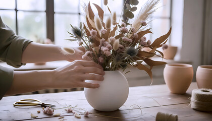 Arranging Dried Flowers in Vase, DIY Flower Arrangement, Crafting with Dried Flowers