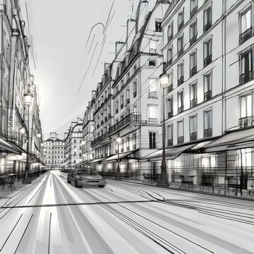 The video is a digital sketch or illustration depicting the atmosphere of urban streets, most likely in Paris, with an artistic style that emphasizes lines and black-and-white contrast.