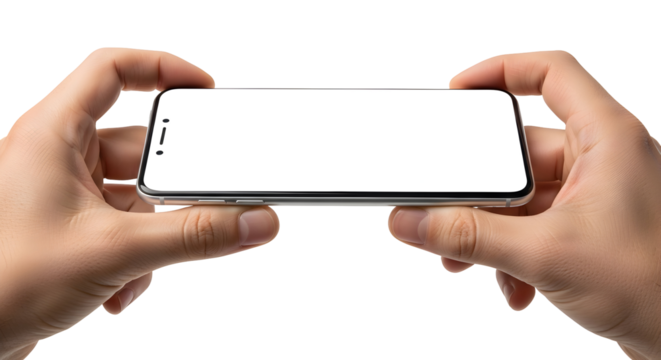 Holding a smartphone horizontally with both hands and a white blank screen - Powered by Adobe