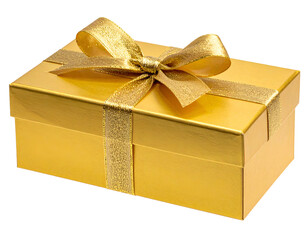 A luxurious golden gift box tied with a shimmering gold ribbon