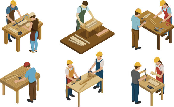 Isometric woodworking carpentry workers illustration set, craftsmen using tools at workshop tables, detailed construction labor scenes for educational, industrial, and design projects