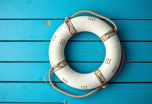 A weathered sea lifebuoy rests on a blue painted wood background, holiday, naval