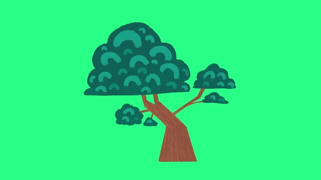 Cartoon tree with dark green rounded foliage, and a brown trunk against a bright green backdrop now, video loops, green screen, 4k, footage, 4k footage, videos, video clip, slow motion