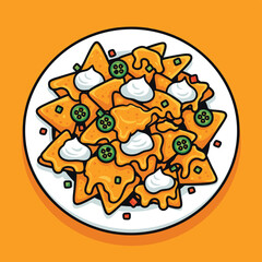 A vibrant cartoon illustration of a plate of delicious nachos topped with melted cheese, sour cream, and sliced jalapeños on an orange background.