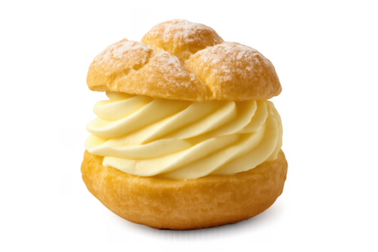 Cream puff with custard filling and powdered sugar