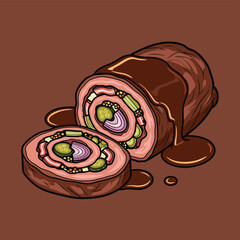 A detailed illustration of a sliced beef roulade, filled with vegetables and covered in rich brown gravy.