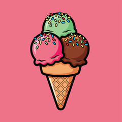 A colorful cartoon illustration of a triple scoop ice cream cone with sprinkles on a pink background.