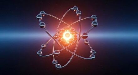 Vibrant atomic structure with glowing nucleus and orbiting electrons representing scientific discovery and innovation in a cosmic background