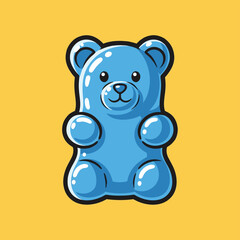 A cute blue gummy bear candy illustration on a solid yellow background.