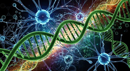 Vibrant DNA helix intertwining with glowing neural network, symbolizing life's intricate blueprint and the future of scientific discovery