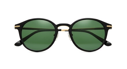 Stylish Round Sunglasses with Green Lenses Isolated on White Background