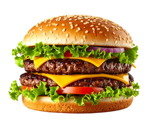 Double patty cheeseburger with fresh toppings and sesame seed bun