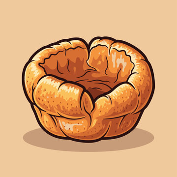 A detailed vector illustration of a single, golden brown, freshly baked Yorkshire pudding.