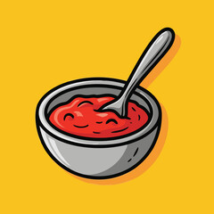 A simple cartoon illustration of a grey bowl filled with red sauce and a spoon on a yellow background.