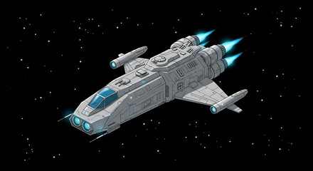 Spaceship Flying Through Starry Space with Blue Engines Active