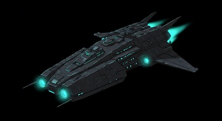 Futuristic Spaceship Illustration with Glowing Engines on Black Background