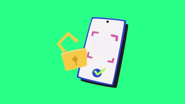 Bright green background with modern smartphone icon and a yellow lock showing device security mode. video loops, green screen, 4k, footage, 4k footage, videos, video clip, slow motion