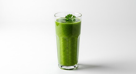 Refreshing Green Smoothie in Glass with Parsley Garnish on White