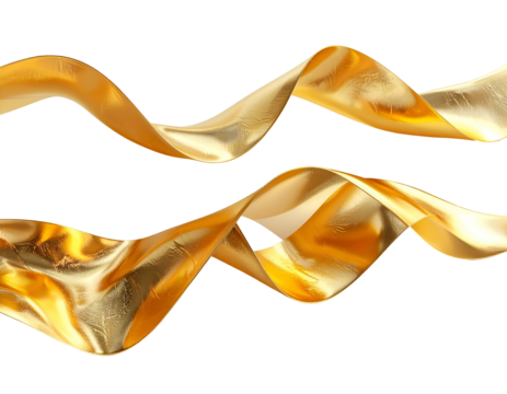 Flowing, reflective, metallic gold ribbons against a black background