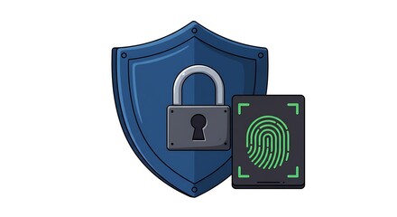 Security Shield with Padlock and Fingerprint Scan Technology Illustration