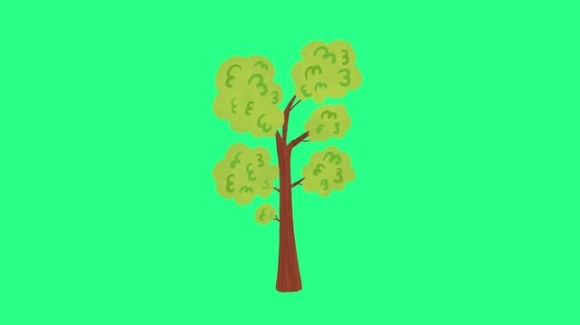 A simple cartoon tree with a brown trunk and rounded yellow-green foliage on a vivid green backdrop. video loops, green screen, 4k, footage, 4k footage, videos, video clip, slow motion