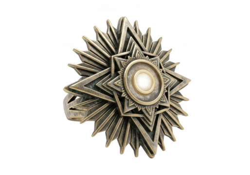 Ornate antique starburst medal with intricate details isolated on transparent background