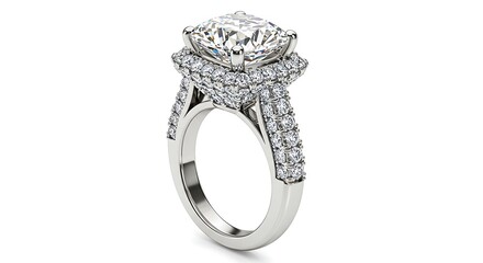 Elegant Diamond Engagement Ring with Halo Setting on White Background