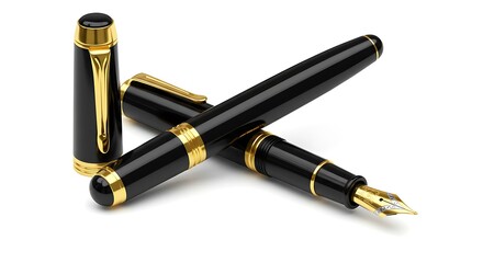 Elegant Fountain Pen Set with Black and Gold Detailing on White