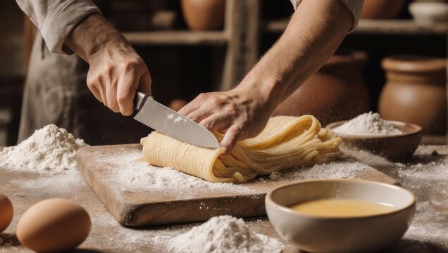 Baker cutting dough on wooden board with flour and eggs around.