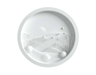Minimalist sculpted round panel with abstract winter landscape